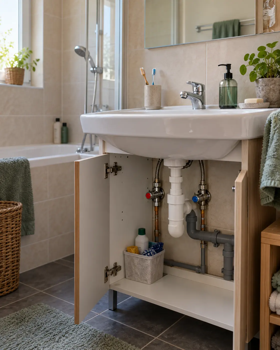 Lavabo et robinet avec siphon et vannes visibles dans le meuble ouvert.